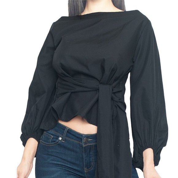 French Balloon Sleeve Cotton Blend Tie Front Paris Cocktail Tea Party Top T54601 - Picture 5 of 8